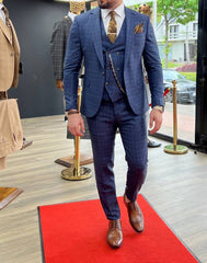 Costume à carreaux bleu trois pièces Chique