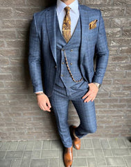 Costume à carreaux bleu trois pièces Chique