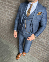 Costume à carreaux bleu trois pièces Chique