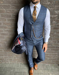 Costume à carreaux bleu trois pièces Chique