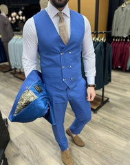 Blauw Linnen Kostuum Heren