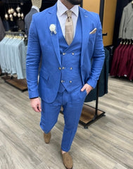 Blauw Linnen Kostuum Heren