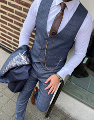 Costume Élegant à Carreaux Bleus