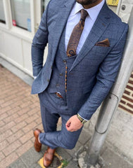 Costume Élegant à Carreaux Bleus