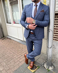 Costume Élegant à Carreaux Bleus