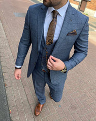 Costume Élegant à Carreaux Bleus