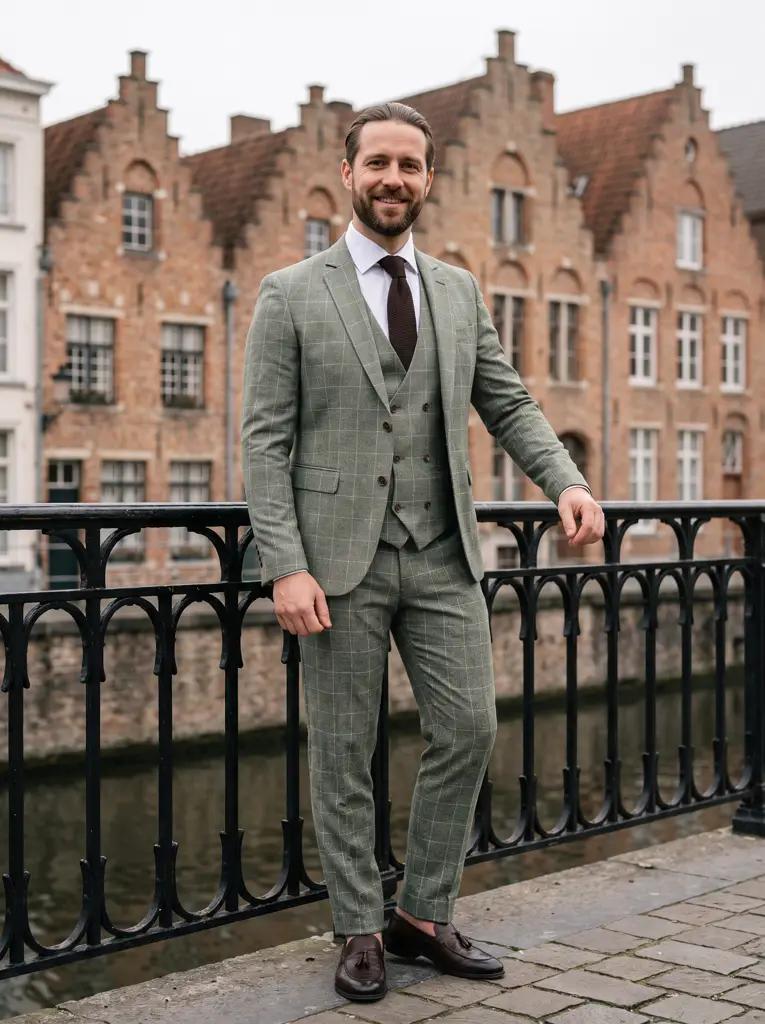Saliegroen Geruit Driedelig Pak Heren — PK242
