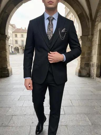 Zwart Driedelig Pak Met Paisley Voering Heren — YOK6
