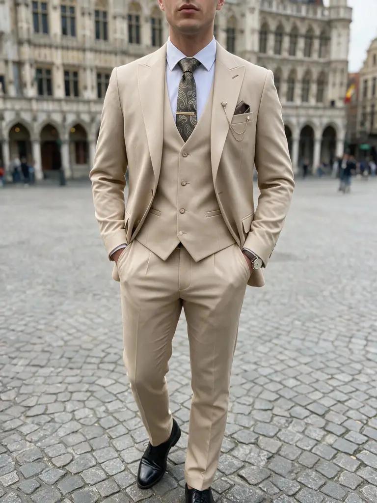 Zandbeige Driedelig Pak Heren — PK236