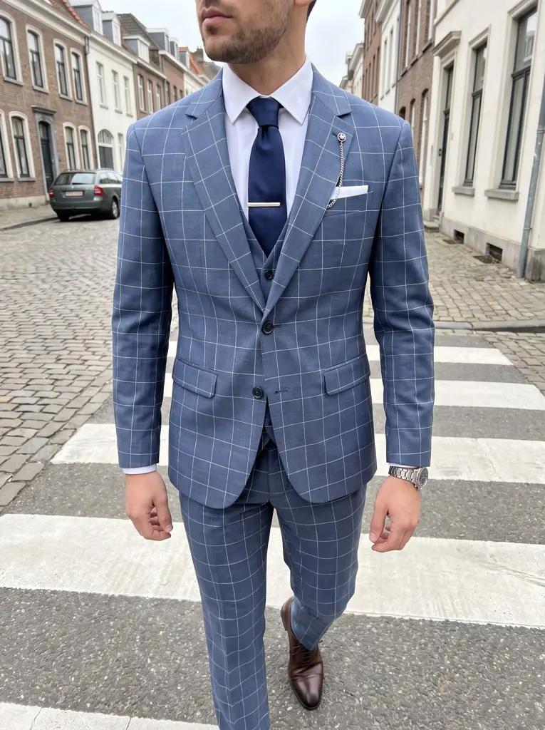 Blauw Ruit Driedelig Pak Heren — PK141
