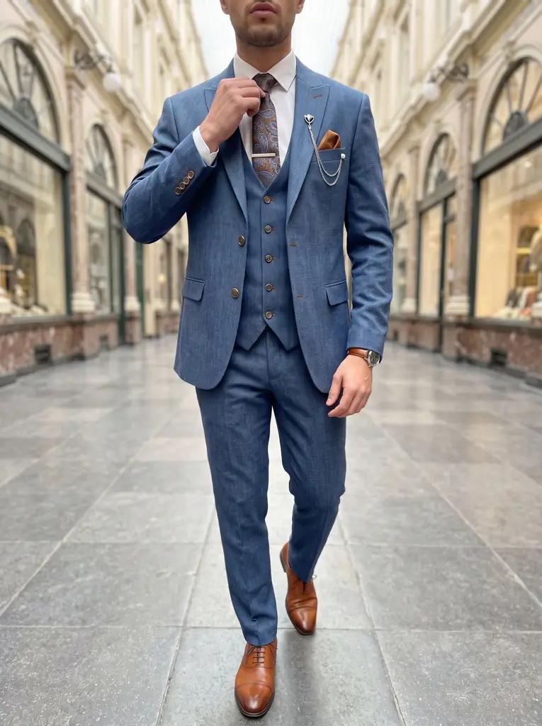 Denimblauw Driedelig Pak Heren — PK189