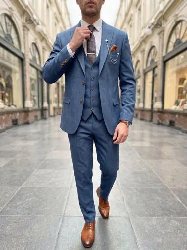 Denimblauw Driedelig Pak Heren