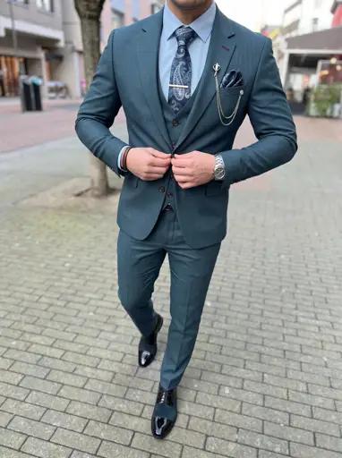 Petrolblauw Driedelig Pak Heren