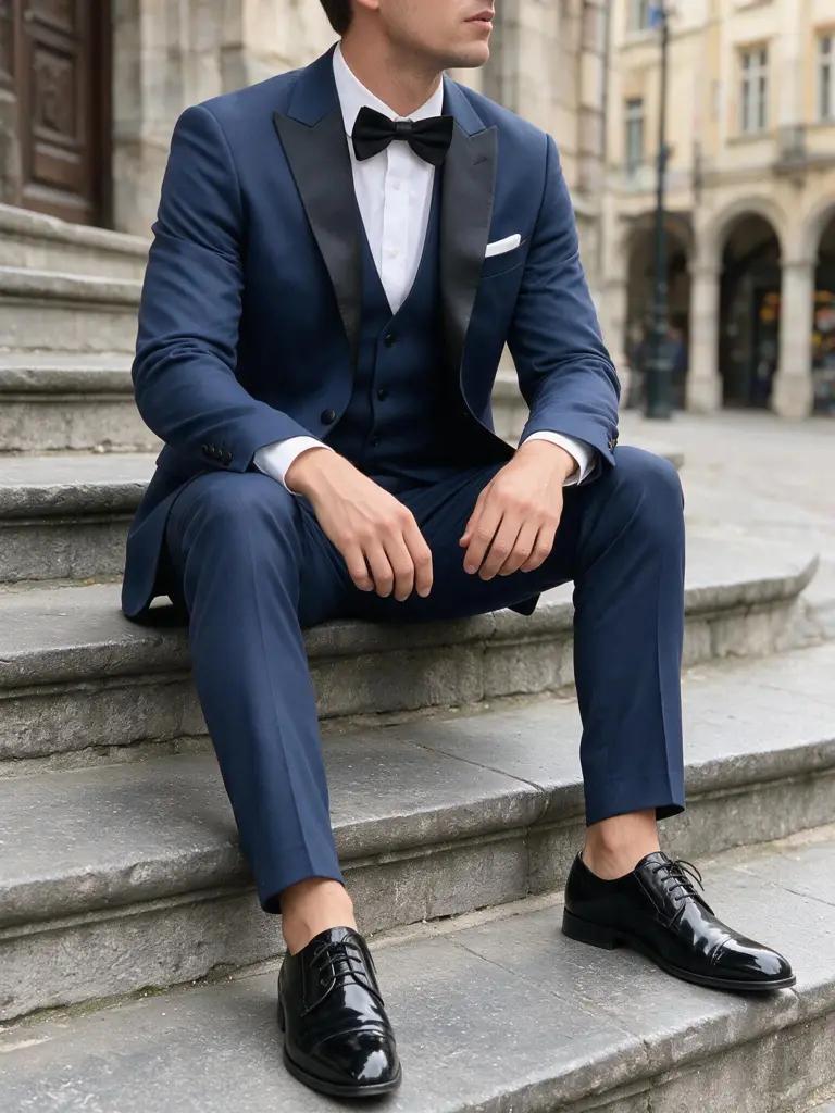 Blauwe Smoking Met Zwarte Satijnen Revers Heren — PK92