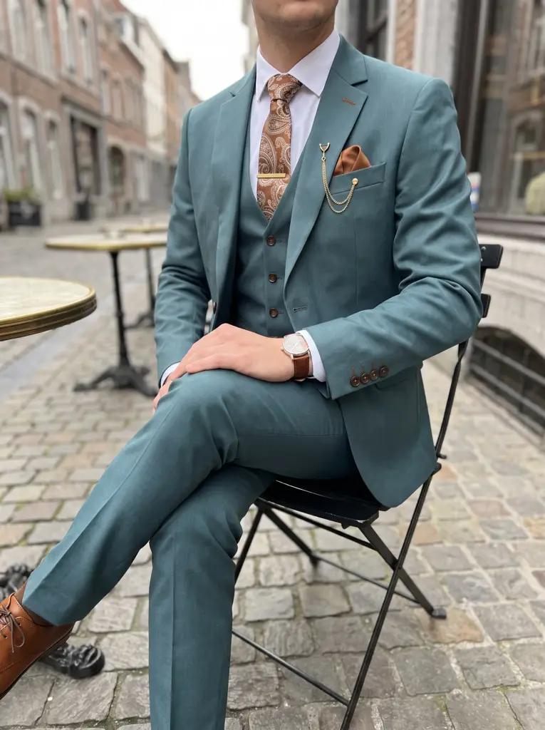 Lichtblauwgrijs Driedelig Pak Heren — PK229