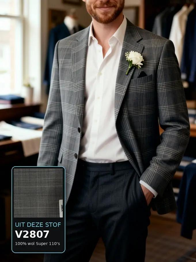 Middengrijs glencheck colbert — Made to Measure — uit stof V2807 (100% wol Super 110's)