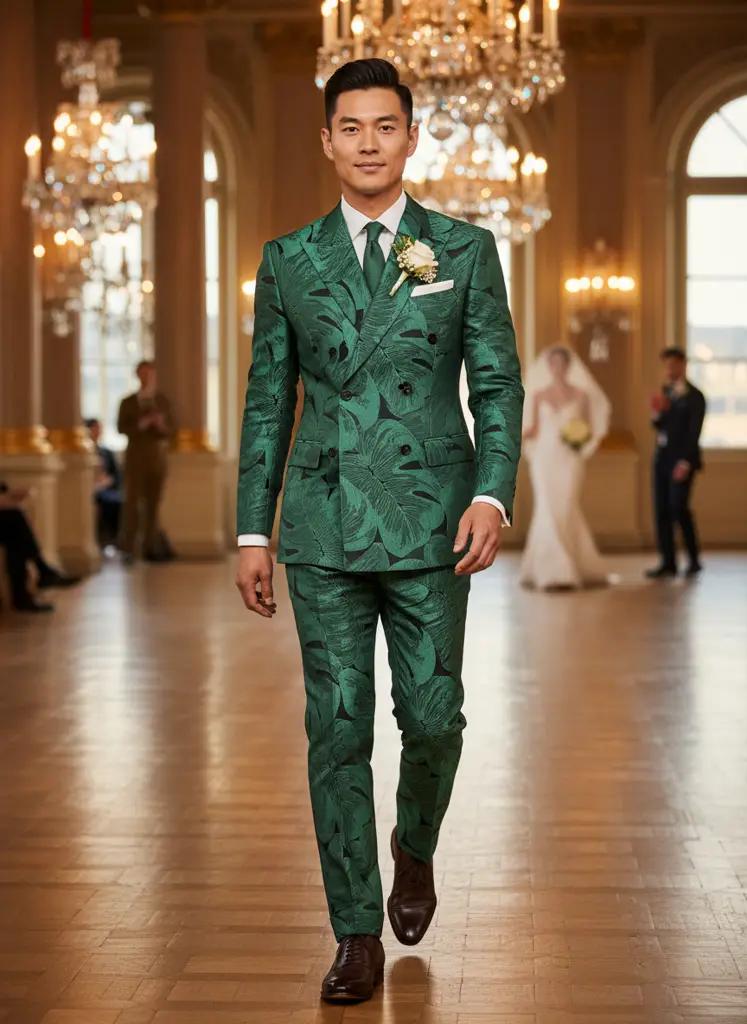 Groen Jacquard Trouwpak Heren Double-Breasted — Maatpak (BES204)