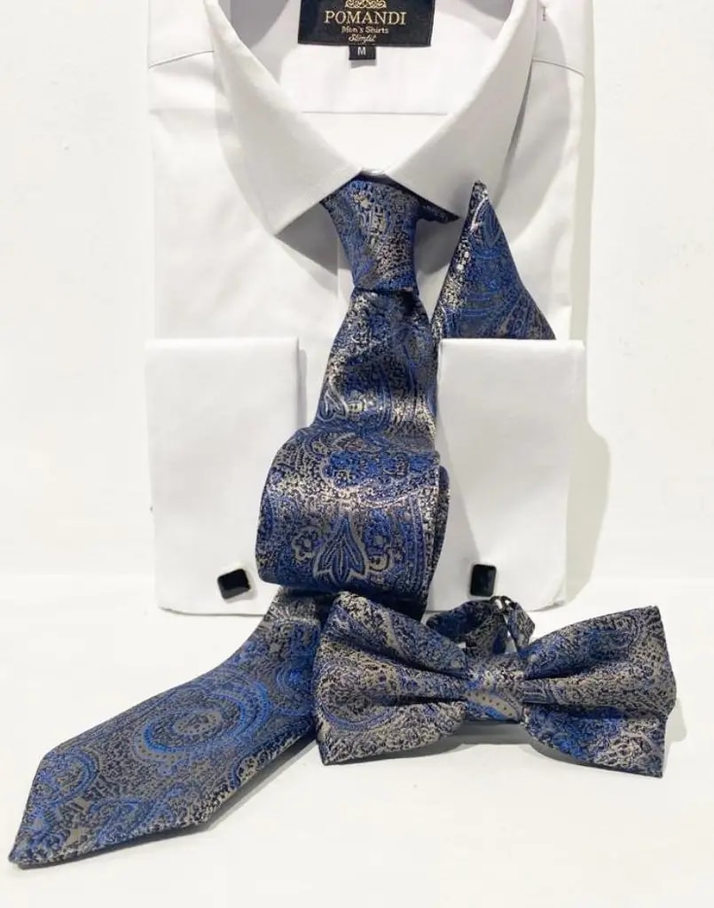 Ensemble chemise blanche avec cravate et nœud papillon bleu