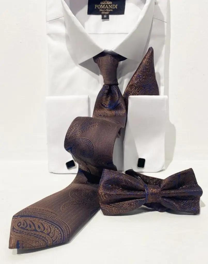 Chemise blanche avec cravate et nœud papillon marron
