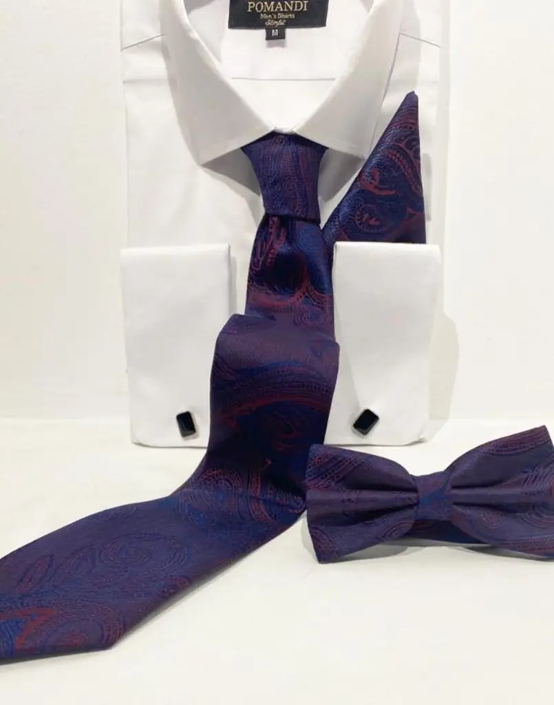 Cravate et nœud papillon violets sur chemise blanche