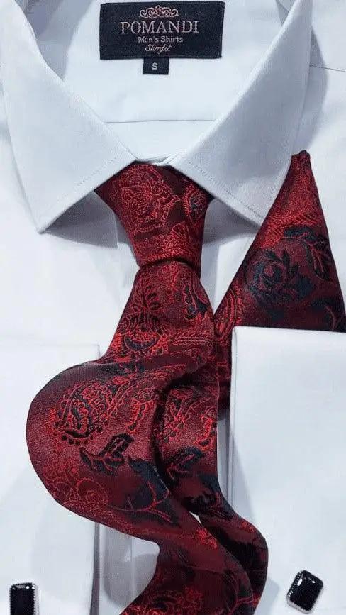 Cravate en soie rouge à motifs floraux sur chemise blanche