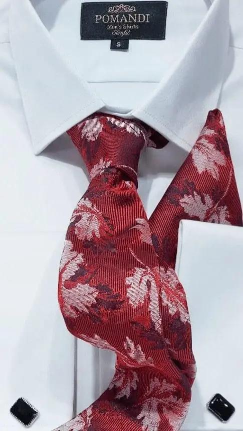 Chemise blanche avec cravate rouge motif feuilles