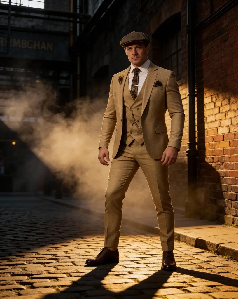 AI generated image for Beige Checkered Three-Piece Suit with Paisley Tie