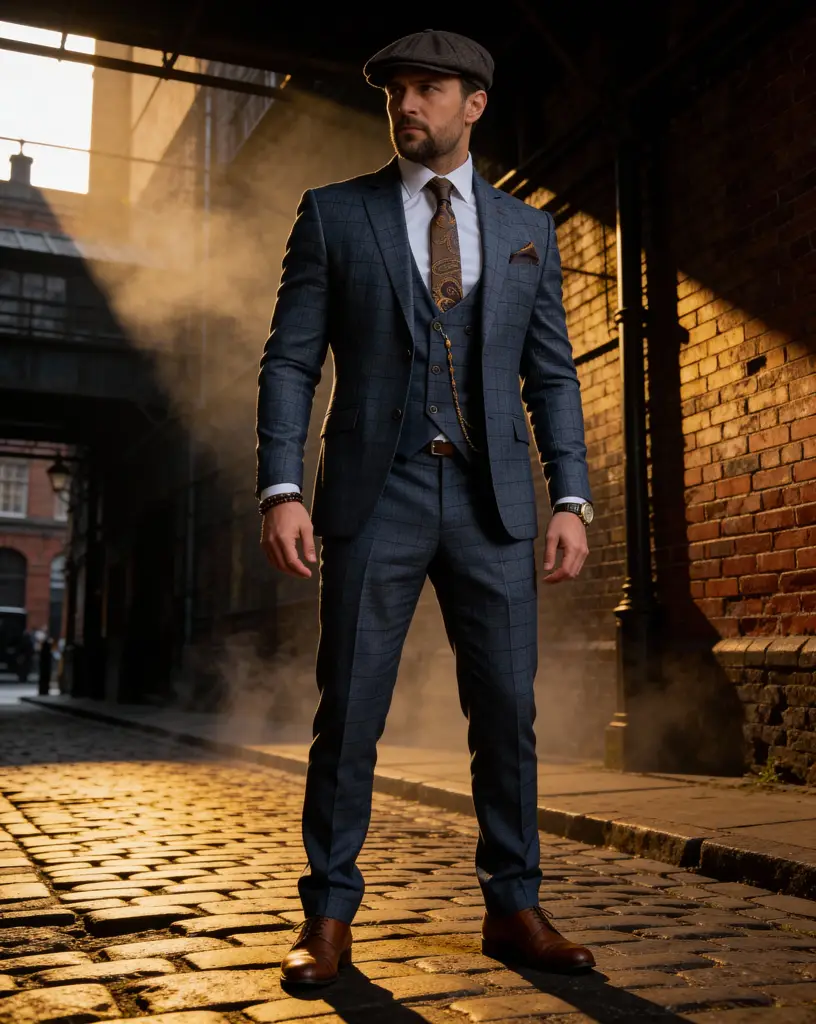 AI generated image for Navy Blue Checked Suit with Paisley Tie