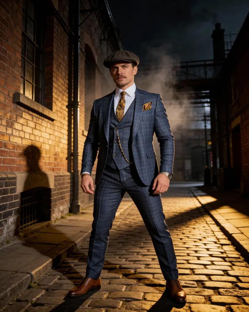 AI generated image for Blue Checked Three-Piece Suit with Golden Accents
