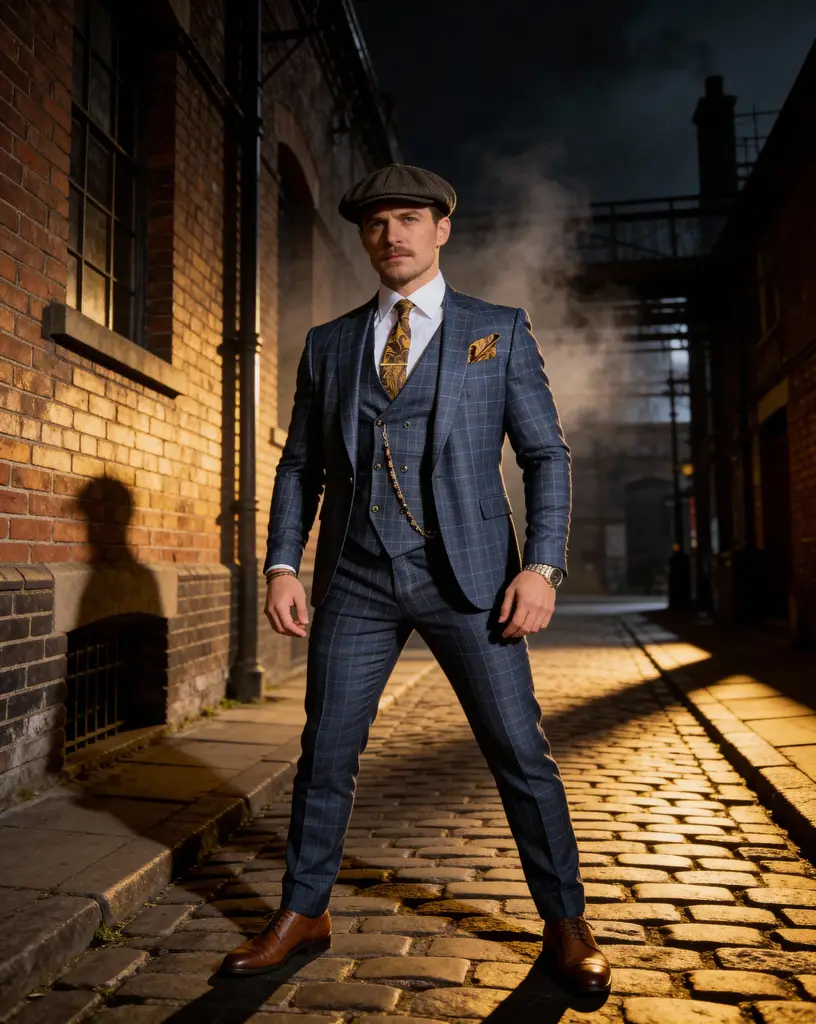 AI generated image for Blue Checked Three-Piece Suit with Golden Accents