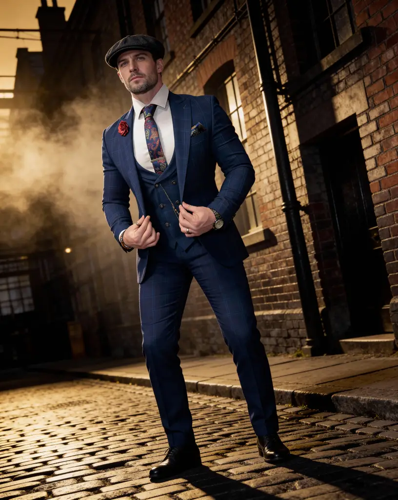 AI generated image for Navy Blue Checkered Suit with Floral Tie