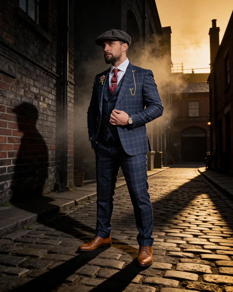 AI generated image for Navy Checkered Three-Piece Suit with Red Tie