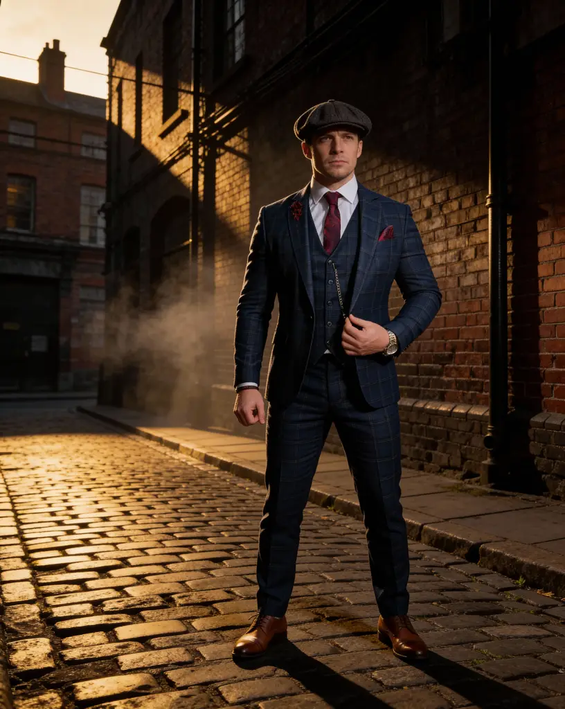 AI generated image for Navy Blue Checked Suit with Burgundy Accents