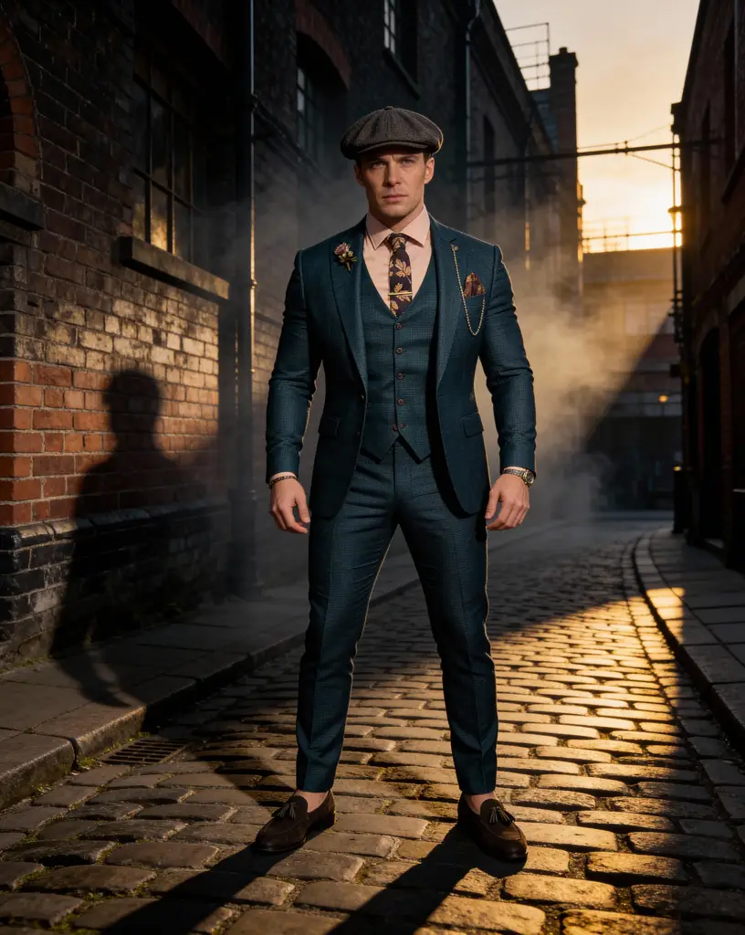 AI generated image for Teal Blue Checkered Waistcoat Suit with Leaf Pattern Tie