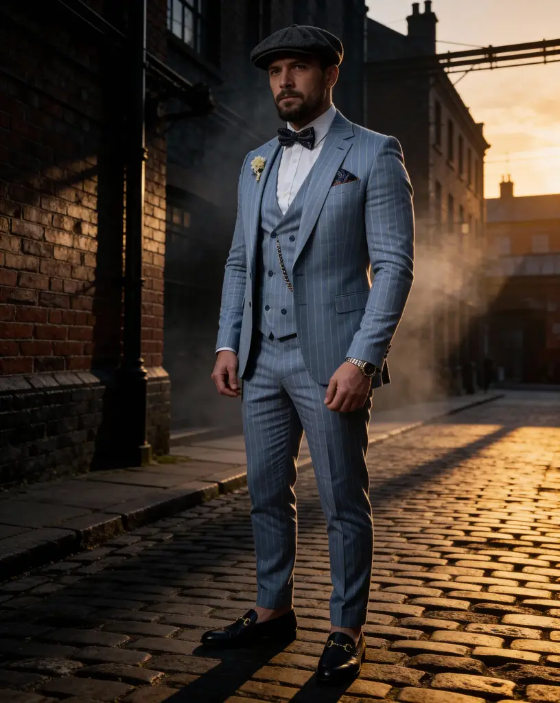 AI generated image for Light Gray Checkered Three-Piece Suit with Bow Tie