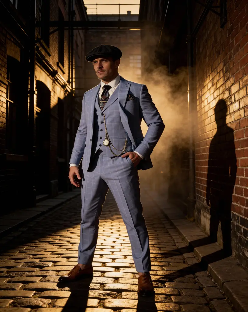 AI generated image for Light Blue Checked Three-Piece Suit