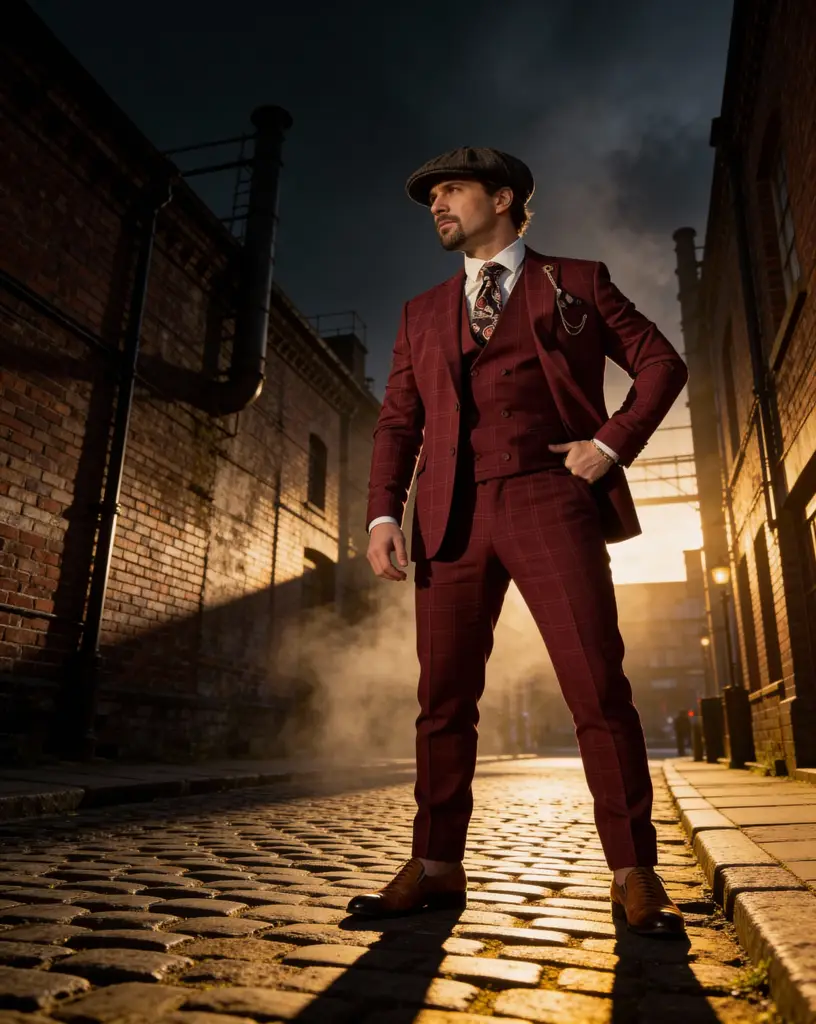 AI generated image for Rich Burgundy Checkered Suit with Paisley Tie