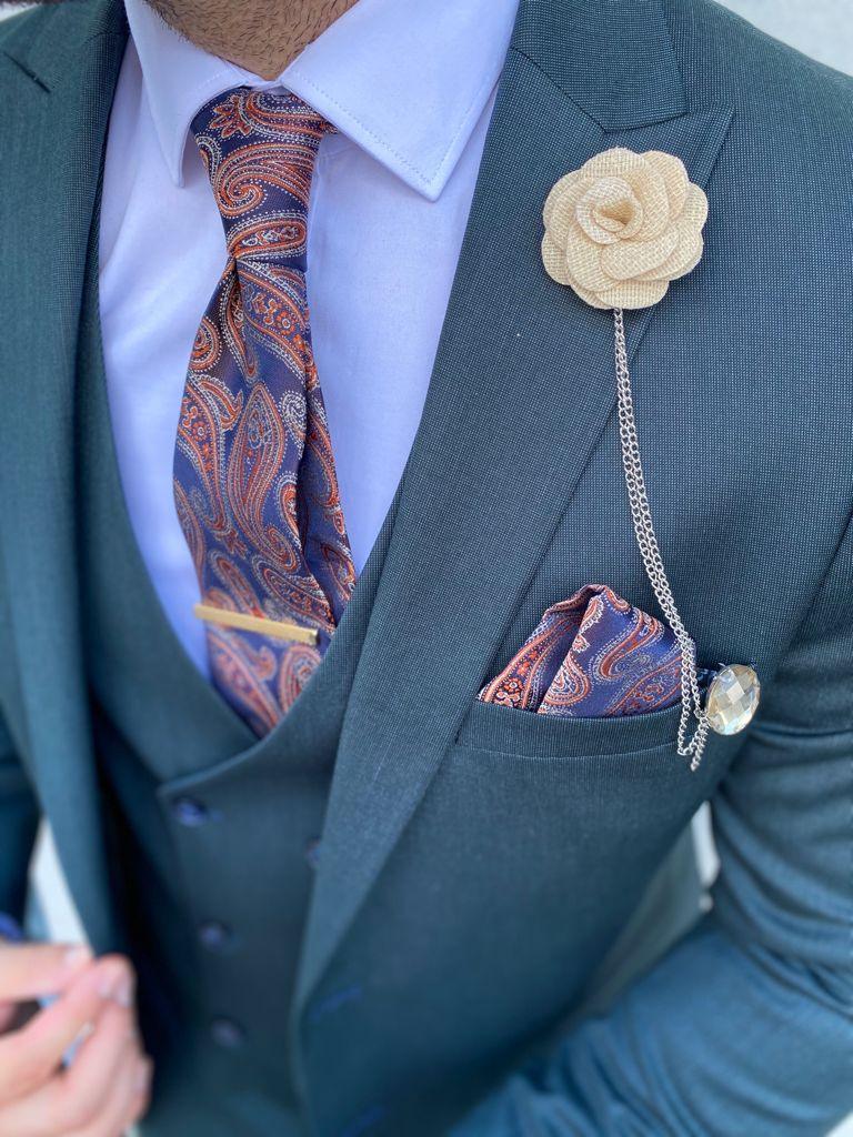 Marineblauwe bruine stropdas met patroon
