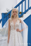 Bohemian wedding dress with lace V back and tulle kaftan