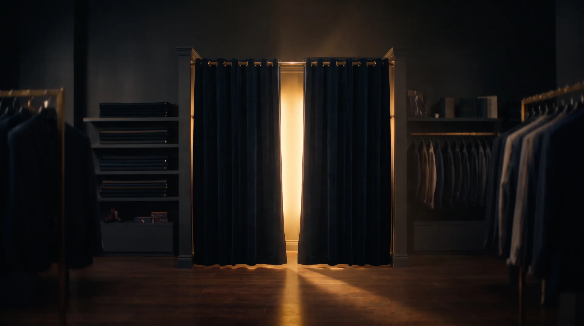Een paskamer met gesloten fluwelen gordijn en warm licht